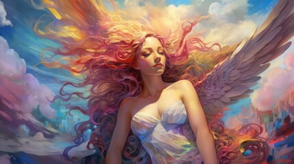 A beautiful illustration of a rainbowwinged angel resting on vibrant clouds, representing the fusion of LGBTQ pride and fantasy elements in a captivating scene