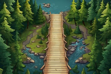 wooden bridge road in summer nature by lake illustration