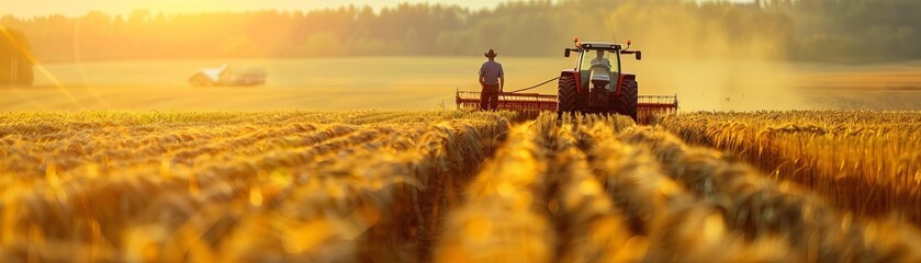 Farmers Harvesting Focus on farmers harvesting crops with fields background, afternoon light, empty space left for text