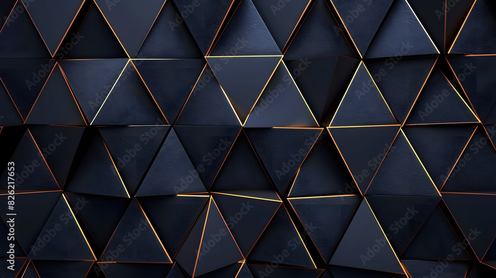 Poster luxurious dark blue abstract template with geometric triangle pattern and golden striped lines on bl