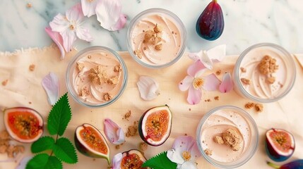   A wooden cutting board displays fruits & desserts, surrounded by fresh flowers & greenery