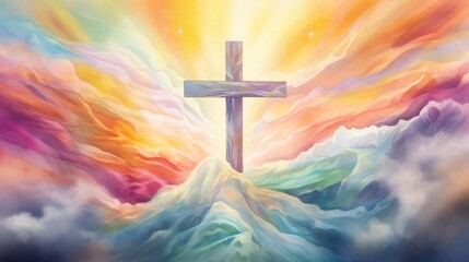 A vibrant watercolor illustration of a wooden cross draped with a flowing cloth, surrounded by ethereal, colorful waves of light, symbolizing resurrection and spiritual rebirth