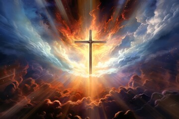 Divine resurrection depicted by an artistic illustration of a cross with a cloth, bathed in radiant light and surrounded by swirling, colorful clouds, representing the glory and majesty of the resurre