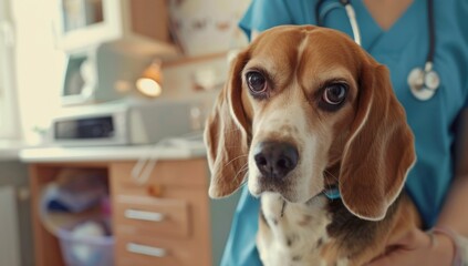 Veterinarian and Labrador dog in vet clinic. Focus on dog