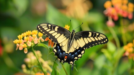 A swallowtail butterfly pollinating flowers. 