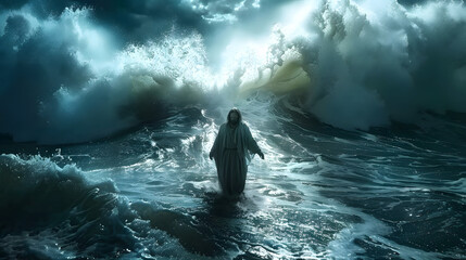 Obraz premium Jesus walks on water during a storm at sea waves ocean miracle