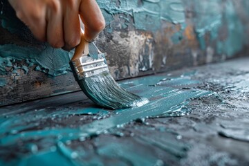 An artistic close-up of a paintbrush applying blue paint on a textured canvas, depicting artistic...