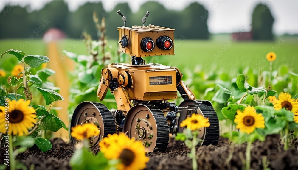 Poster a yellow agricultural robot maneuvers through a sunflower field, integrating advanced robotics into 