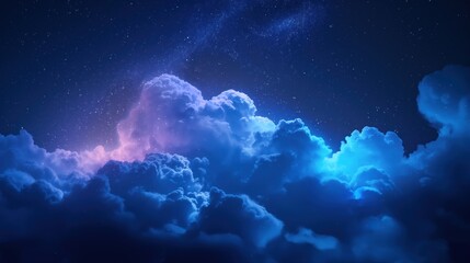 Colorful cloud in the night sky glowing in vibrant blue, and purple hues