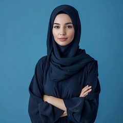 Naklejka premium A studio portrait of a confident young Arabian Muslim woman wearing a traditional abaya and hijab