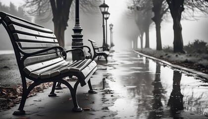 The image shows a park bench in black and white on a rainy day