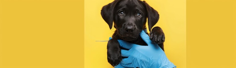 Veterinarian and Labrador dog in vet clinic. Focus on dog