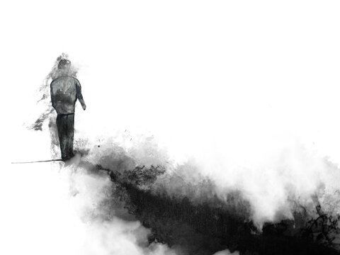 abstract figure watercolor painting black and white depression man.
