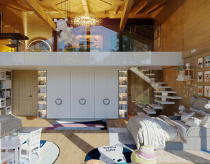 Modern children's room with high ceilings, play area and panoramic windows. 3D visualization of the interior