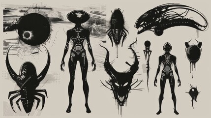 Cool grunge y2k sci-fi alien set with a negative photocopy effect . Rough brutal elements for 90s vintage design.