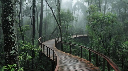 Obraz premium A wooden path through dense trees under a grey sky