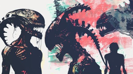 Cool grunge y2k sci-fi alien set with a negative photocopy effect . Rough brutal elements for 90s vintage design.