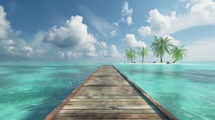 The photo shows a wooden dock extending out into a tropical ocean.