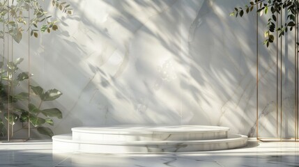 The photo shows a marble podium with a green plants in the background. The podium is lit by a soft light.