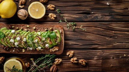 an avocado toast with feta cheese and walnuts on dark bread, on the side is lemon juice in glass bowl, food photography, dark wooden table background