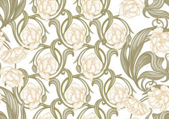 Terri Tulip flowers, decorative flowers and leaves in art nouveau style, vintage, old, retro style. Seamless pattern, background. Vector illustration.