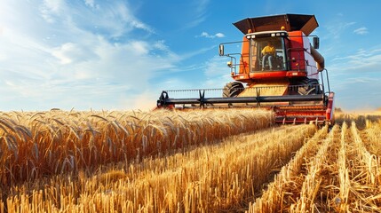 Fototapeta premium a combine harvester harvesting wheat on a golden autumn field, epitomizing the agricultural beauty of harvest season and the vital role of machinery in gathering grain from the land.