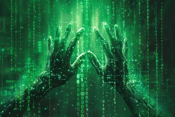 Digital Hands with Glowing Green Code