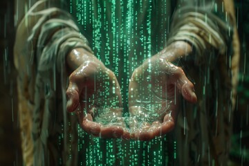 Cupped Hands Holding Glowing Green Data