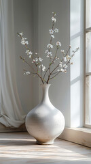 Minimalist ceramic vase with blooming branches placed near a window, ideal for minimalist or modern home decor. Islamic New Year.