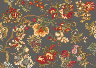 Fantasy, alien flowers, decorative flowers and leaves. Cartoon style. Millefleurs trendy floral design. Seamless pattern, background. Vector illustration.