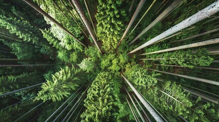 Fototapeta premium An aerial view of a dense forest, tall trees dominate the foreground while their tops can be seen faintly in the background