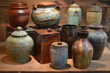 Variety of handcrafted ceramic pots and containers displayed against a wooden backdrop