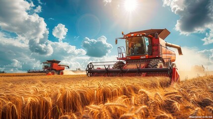 Obraz premium a combine harvester harvesting wheat on a golden autumn field, epitomizing the agricultural beauty of harvest season and the vital role of machinery in gathering grain from the land.