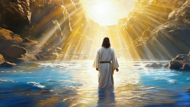 Jesus Christ baptism in jordan river in holy light rays - 4k new stock video animation footage AI