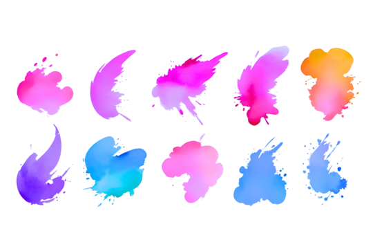 Collection of colorful watercolor brush splash strokesl. Paintbrush strokes. Text boxes. Tpeech bubbles. Distressed banners