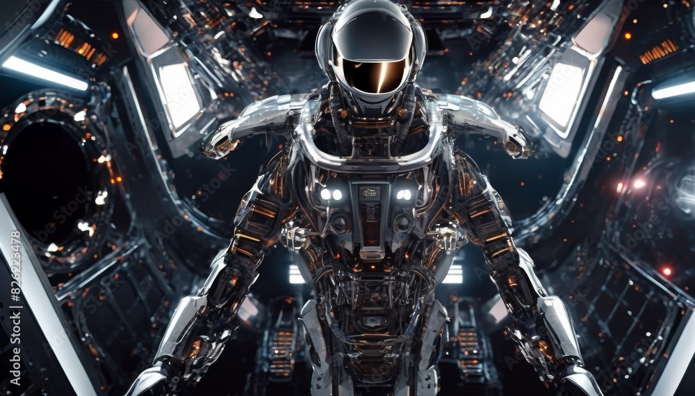 Poster a highly detailed futuristic humanoid robot stands at the center of a complex, high-tech facility wi