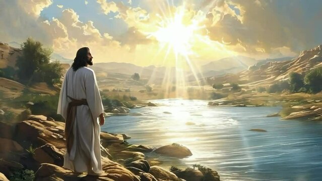 Jesus Christ baptism in jordan river in holy light rays - 4k new stock video animation footage AI