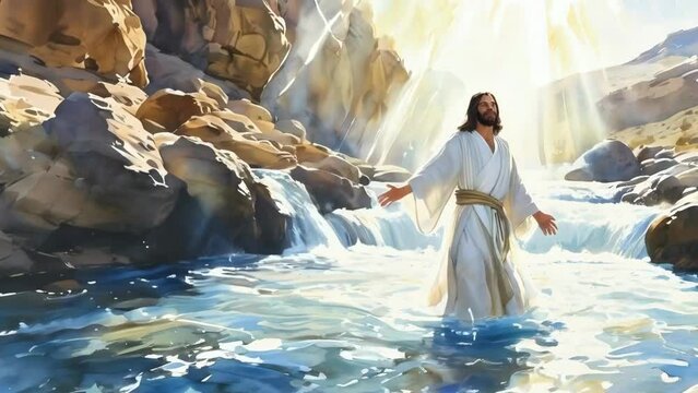 Jesus Christ baptism in jordan river in holy light rays - 4k new stock video animation footage AI