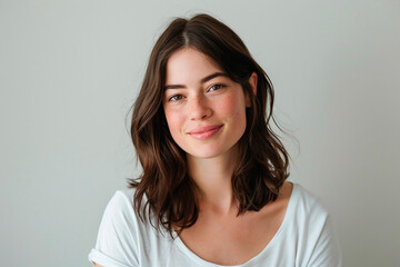 Obraz premium A woman with brown hair and a white shirt is smiling
