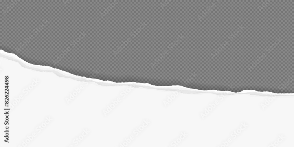 Poster white paper strip with torn edge and soft shadow is on grey squared background for text or ad.