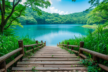 A beautiful lake surrounded by trees and a wooden bridge leading to it