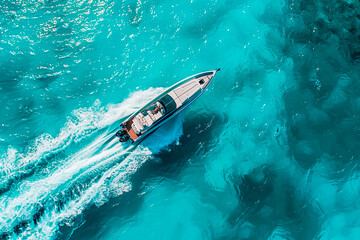 Fototapeta premium A boat is speeding through the ocean, leaving a trail of water behind it