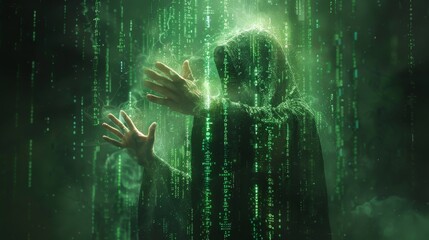Hooded Figure Interacting with Digital Matrix