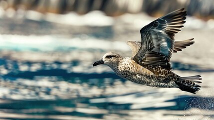   A bird soaring above a body of water with its wings outstretched and head above the surface - Powered by Adobe