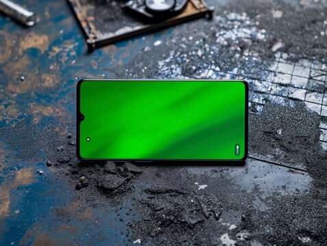 A green phone is on a dirty surface. The phone is turned off and the screen is blank