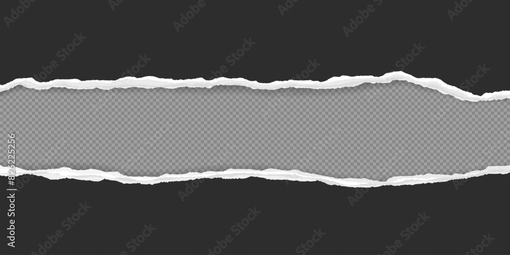 Poster black paper strips with torn edges and soft shadow are on squared background for text or ad.