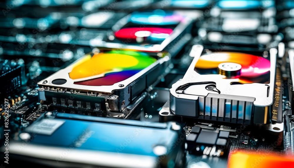 Poster a vivid close-up view of colorful hard drives mounted on a detailed motherboard, illustrating advanc