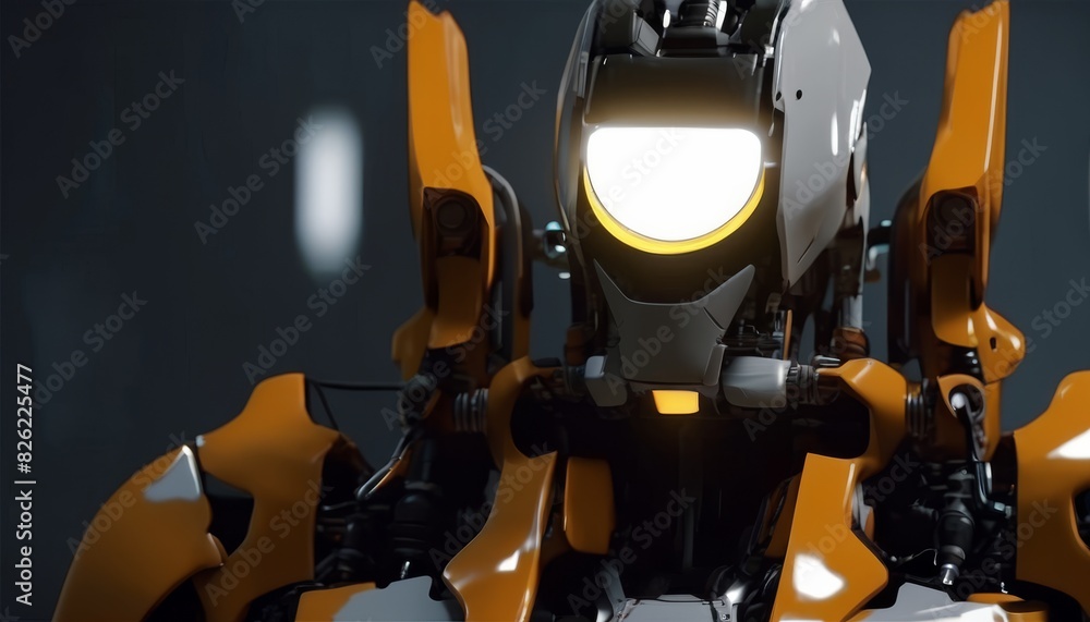 Poster close-up of a futuristic robot with orange and white armor and a glowing face, standing against a bl
