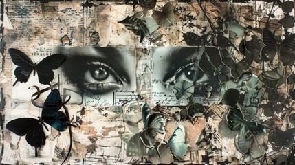 Cool grungy y2k collage with plant eyes and butterflies, glued letters and ribbons with a negative photocopy in black. Ai generative.