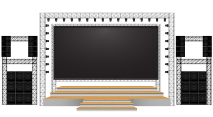 wooden stage and speaker with led screen on the truss system on the white background	